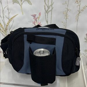 JanSport Black and Blue Fanny Pack Adjustable strap with water bottle holder Bag